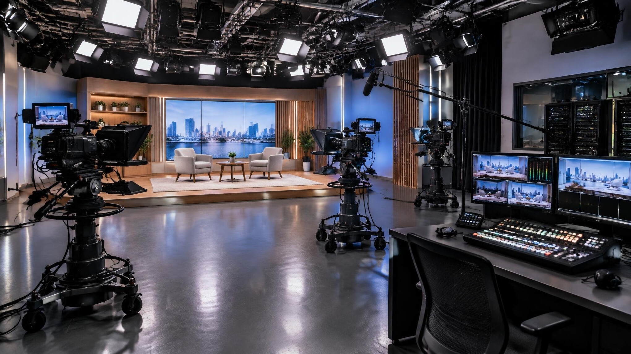 Wide angle view of a multi-camera television studio with lighting grid