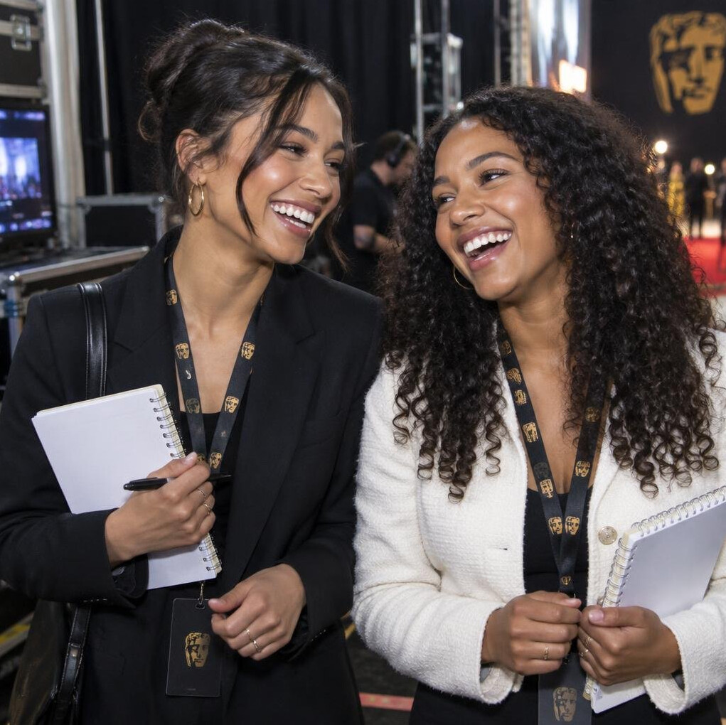 Two British entertainment reporters laughing backstage at an event