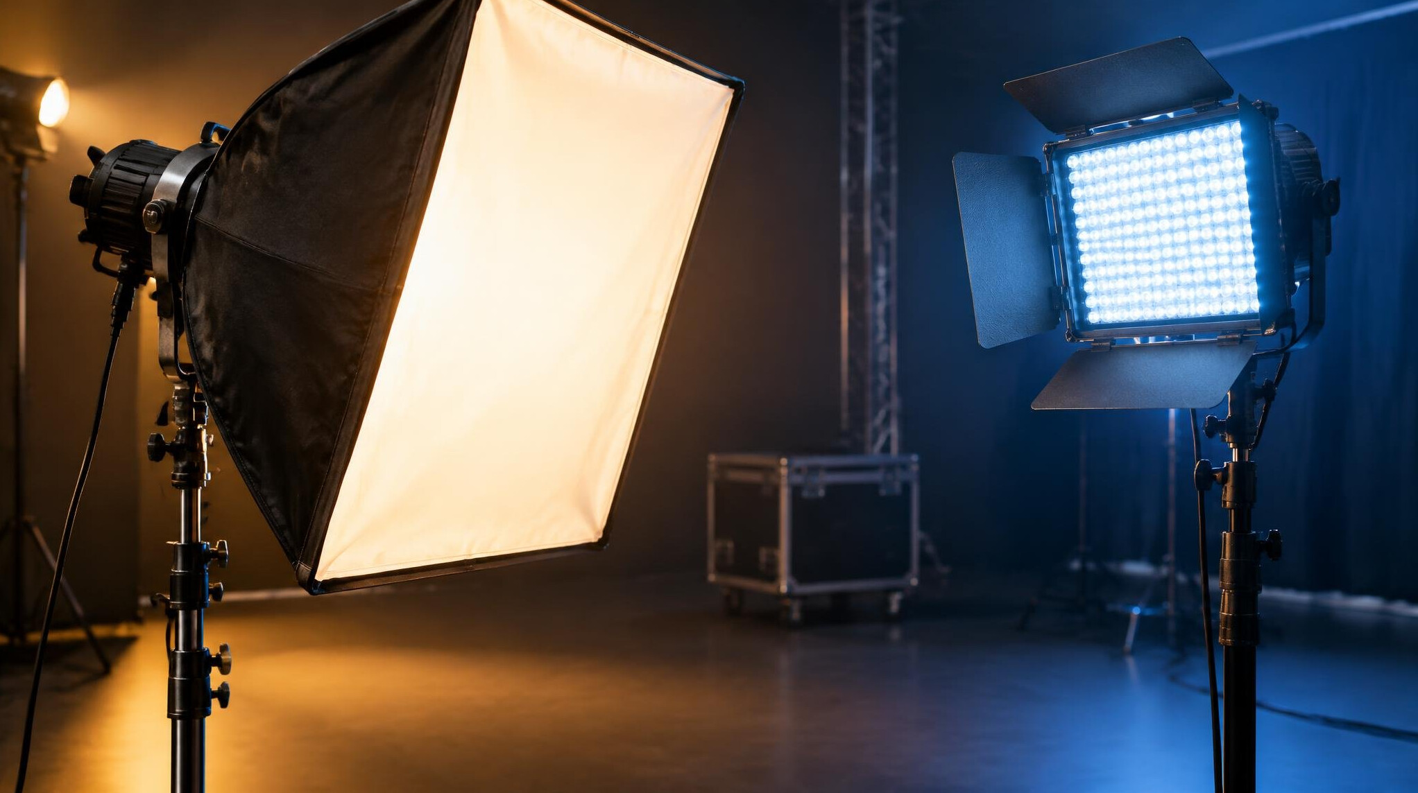 Professional studio softbox and LED panel lighting equipment
