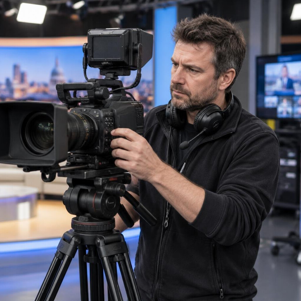 British camera operator adjusting a video camera on a tripod