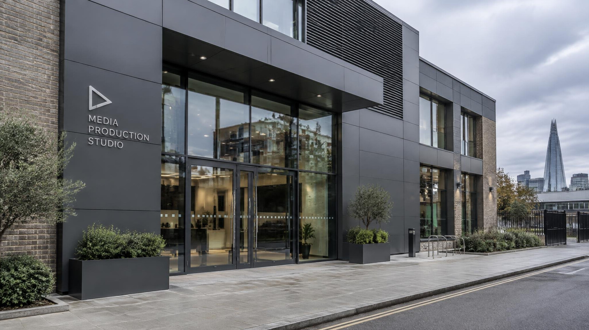 Exterior of a modern media production studio building in London