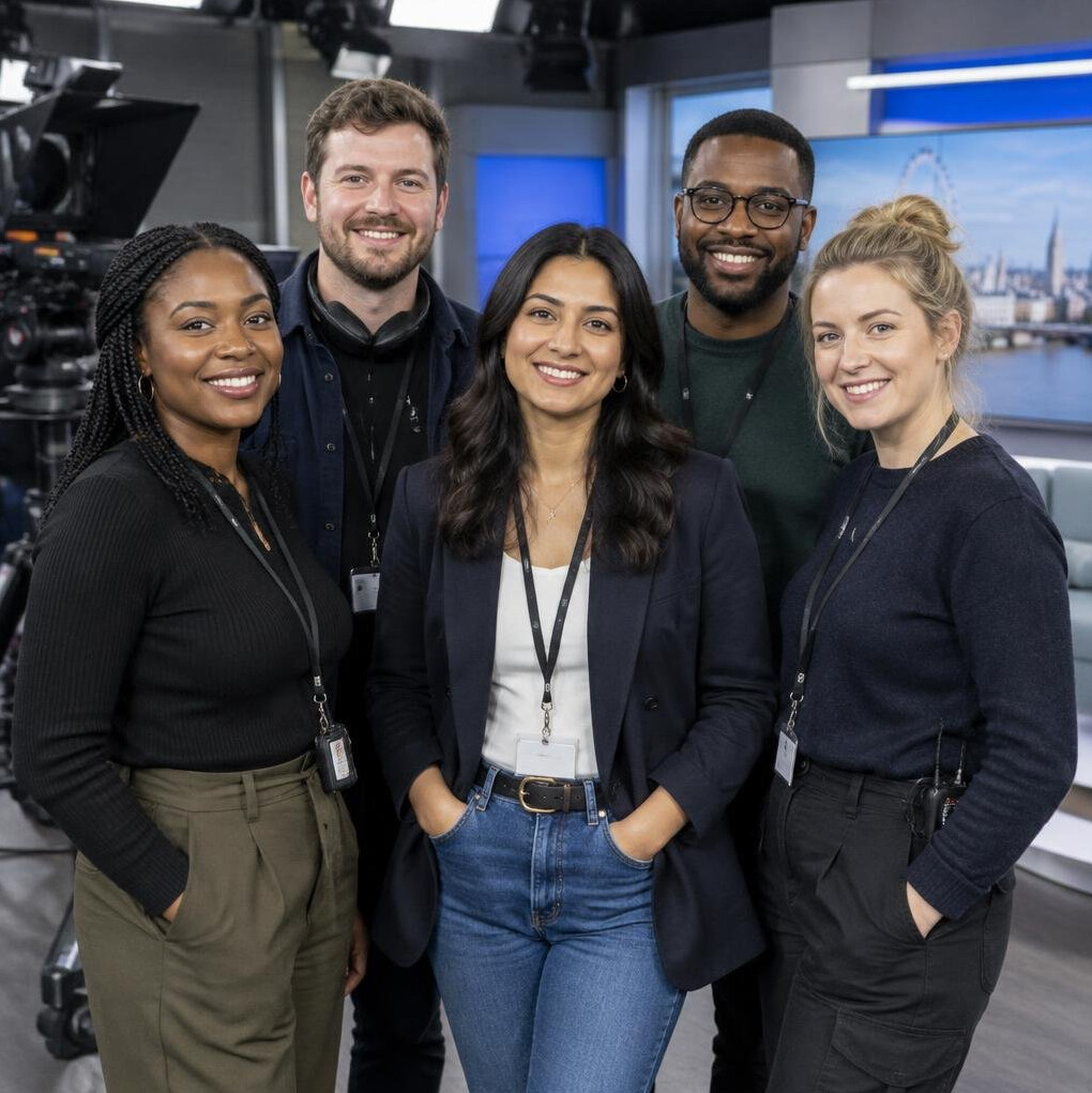 Diverse team of media production professionals in a studio