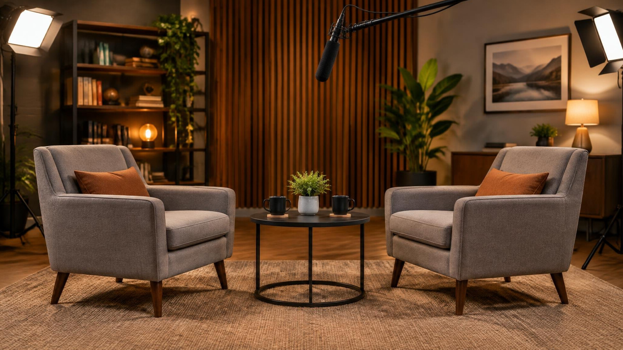 Empty talk show style interview set with boom microphone