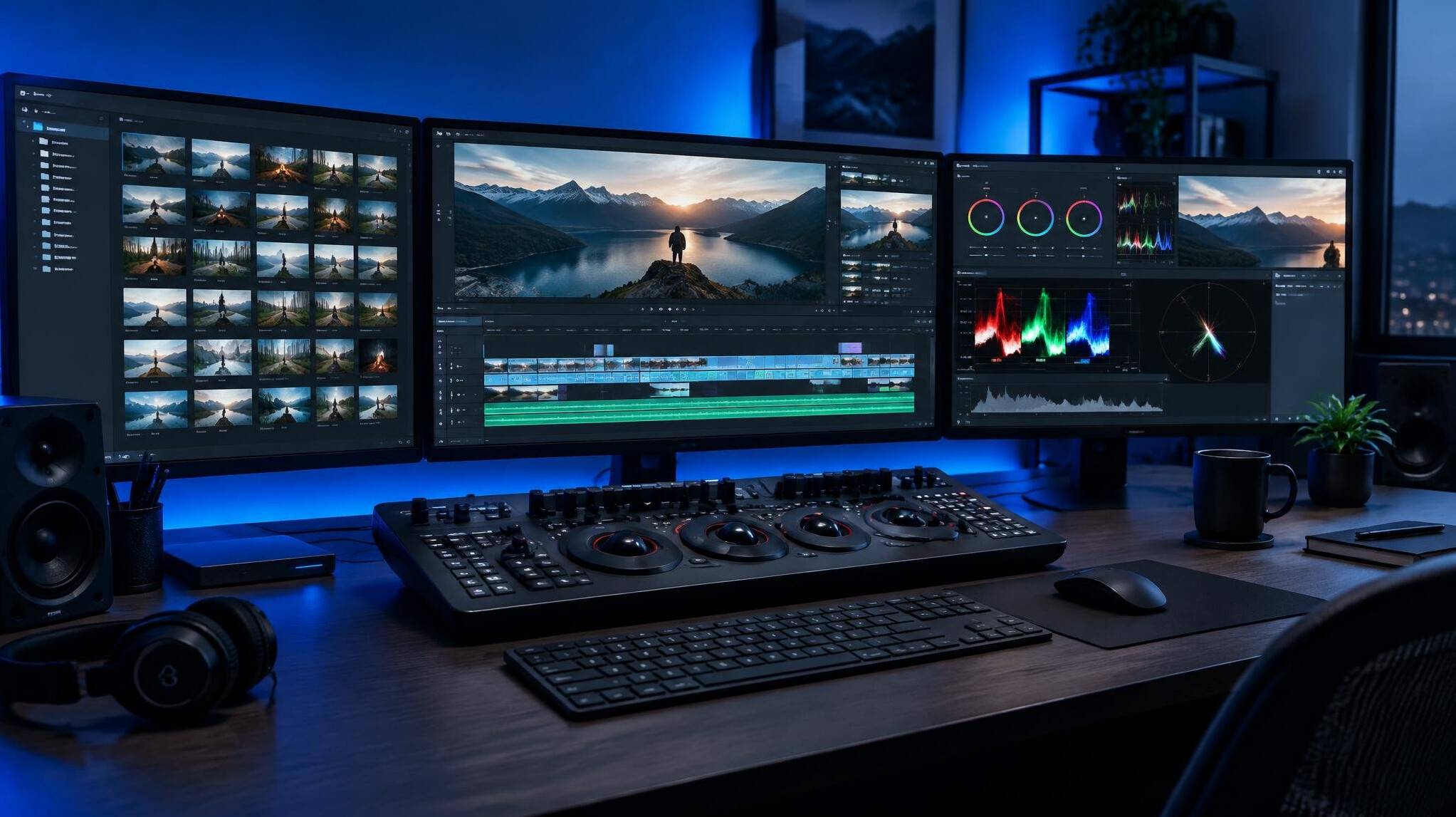 Video editing suite with monitors showing colour grading timeline