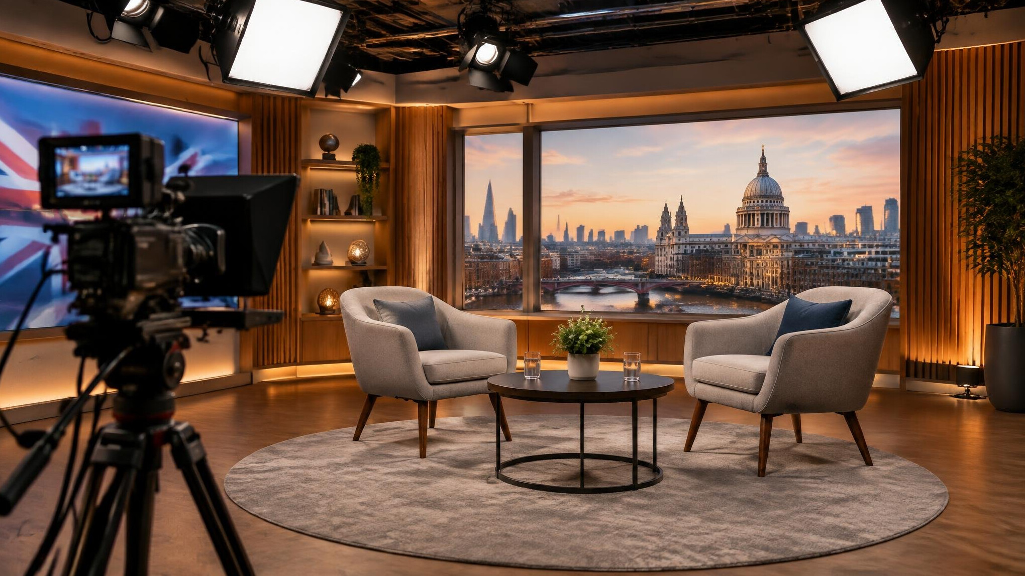 Television interview studio with camera and lighting rig
